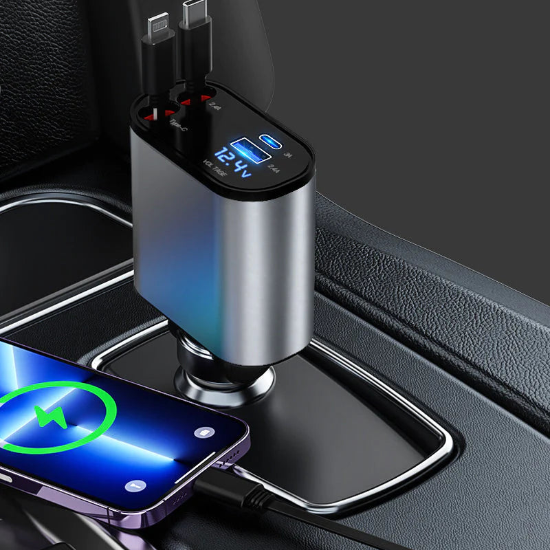 Luxe autolader met 2 intrekbare kabels - weg met die rondslingerende kabels - 2 extra ingangen - eindelijk weer een opgeruimde auto