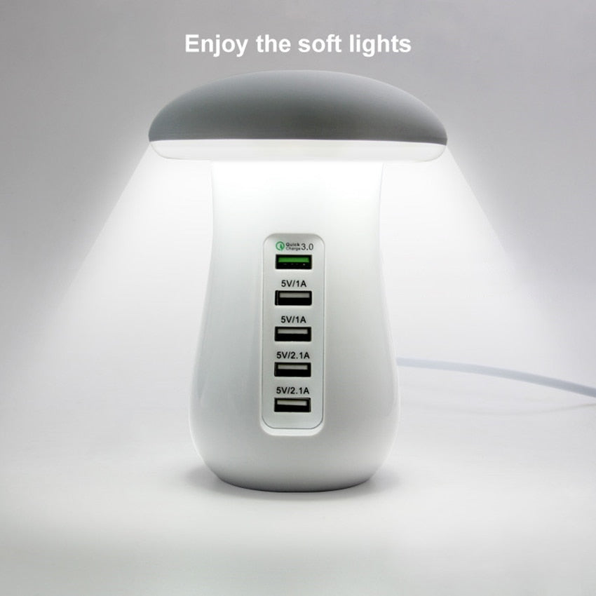 5 Poorts Snel laad Dock met Led Lamp -  Usb - LED leeslampje - Zuinige Led met veel snel laad poorten -  bureaulamp - nachtlamp - USB poort