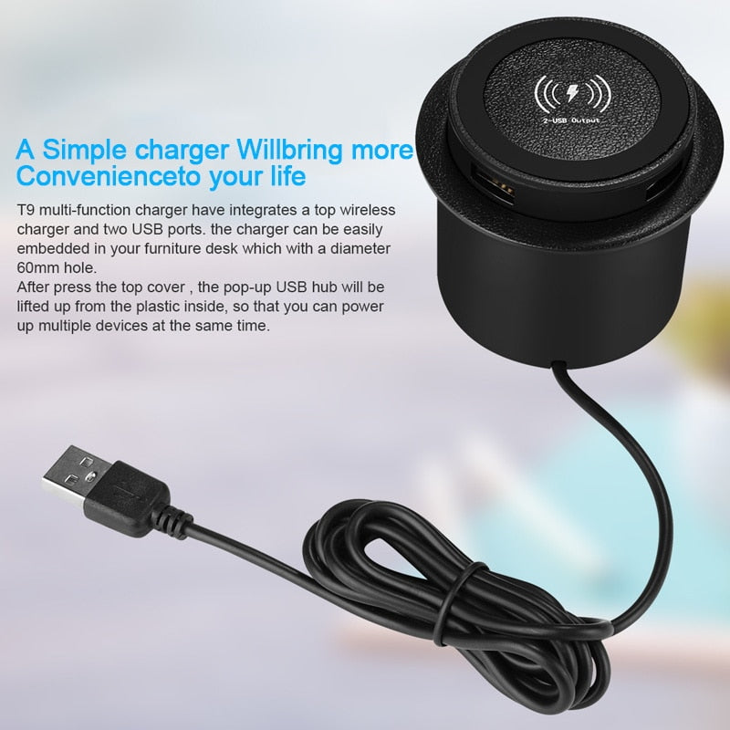 Inbouw magnetische oplader met USB poorten - Valt prachtig weg in uw bureau - 2 USB poorten - QI snellader - 18w