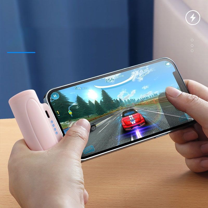 Draadloze mini powerbank met LED lamp - klikt direct handig onder uw telefoon - 5000mAh - Handig en compact, overal uw telefoon opladen - Lightning en USB-C - LED lamp