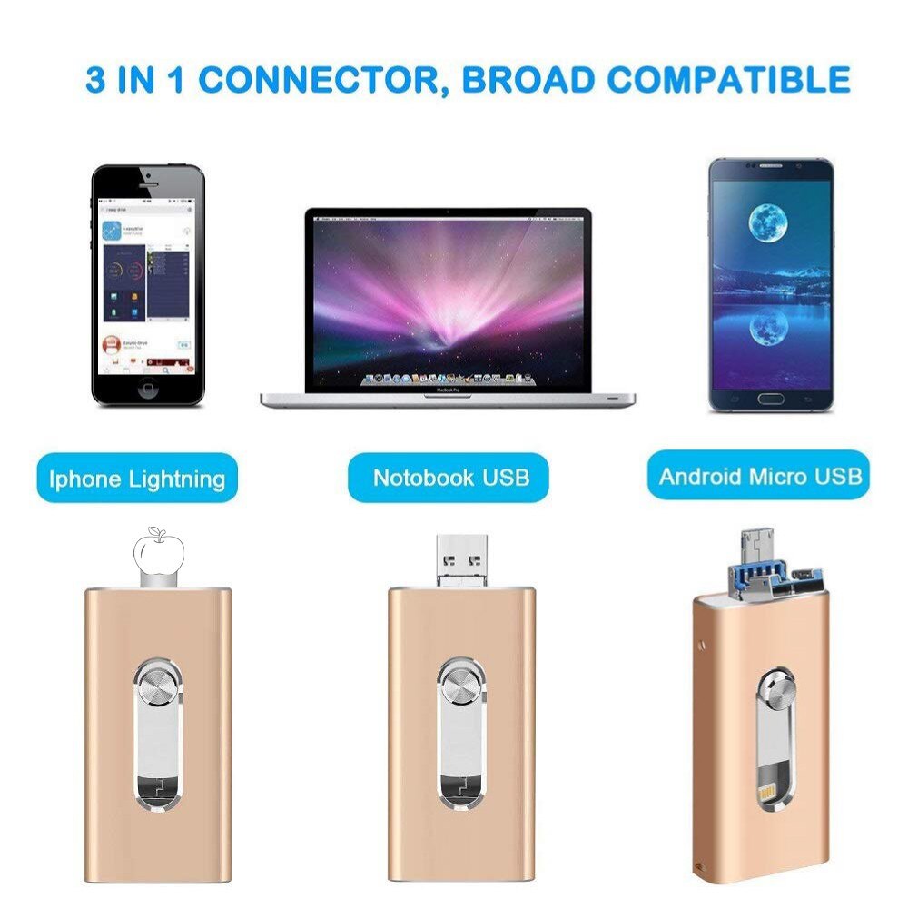 3 In 1 Flashdrive - USB 3.0 + micro USB + lightning - iPhone - Android - tablet - laptop/pc - goud, roze, zwart, zilver - 32Gb/128Gb/512Gb