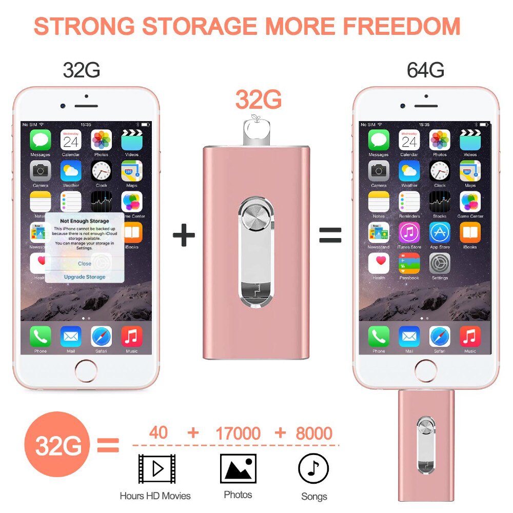3 In 1 Flashdrive - USB 3.0 + micro USB + lightning - iPhone - Android - tablet - laptop/pc - goud, roze, zwart, zilver - 32Gb/128Gb/512Gb
