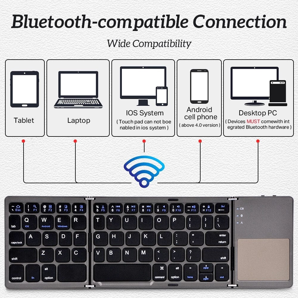 Opvouwbaar draadloos toetsenbord - QWERTY - bluetooth - voor smartphone, tablet en laptop/computer - zakformaat