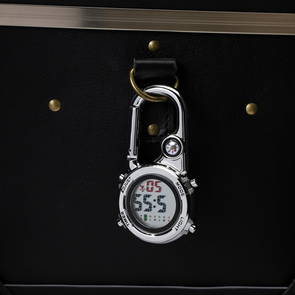 Zakhorloge met karabijnhaak - unisex glow in the dark - handig voor aan uw tas, in de auto, op de camping - met kompas, timer, haak