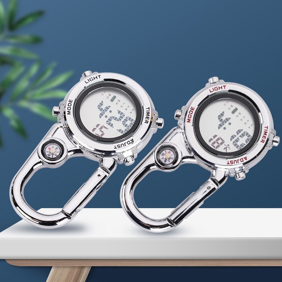 Zakhorloge met karabijnhaak - unisex glow in the dark - handig voor aan uw tas, in de auto, op de camping - met kompas, timer, haak