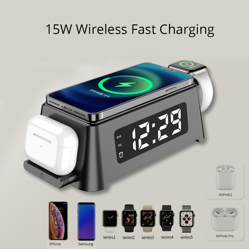 4 in 1 wekker oplaadstation - Laad al uw apparaten tegelijkertijd op - docking station met LED verlichting en digitale klok - QI draadloze oplader voor iPhone, Samsung, Airpods, Galaxy Buds &amp; AppleWatch