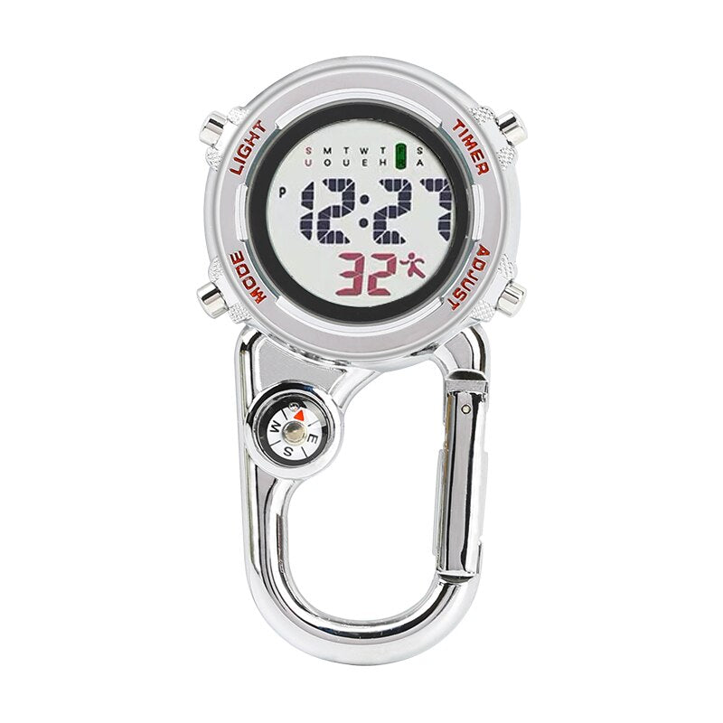Zakhorloge met karabijnhaak - unisex glow in the dark - handig voor aan uw tas, in de auto, op de camping - met kompas, timer, haak