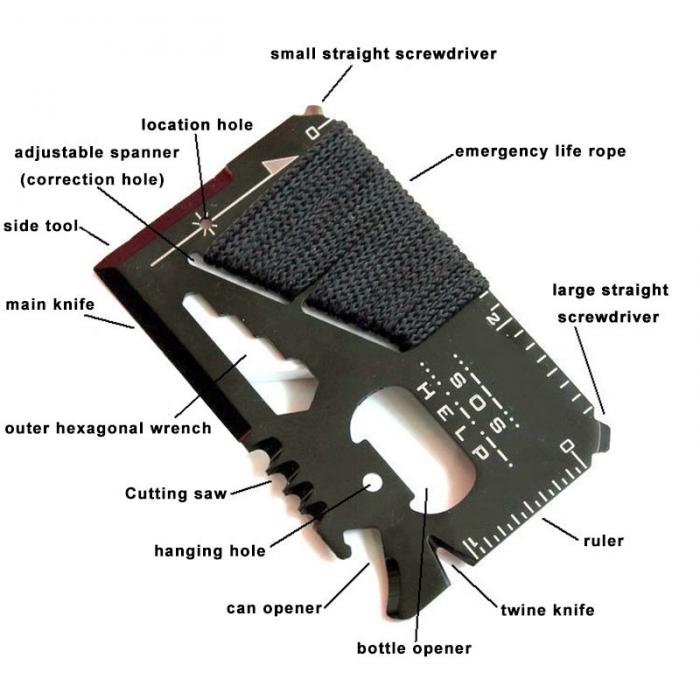 Portemonnee multi tool - Compact en handig - 14 in 1 Tool - Altijd overal op voorbereid zijn! - SOS Outdoor Kaart Gereedschap