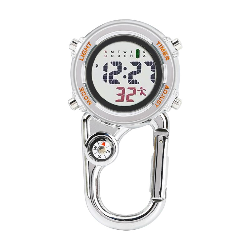Zakhorloge met karabijnhaak - unisex glow in the dark - handig voor aan uw tas, in de auto, op de camping - met kompas, timer, haak