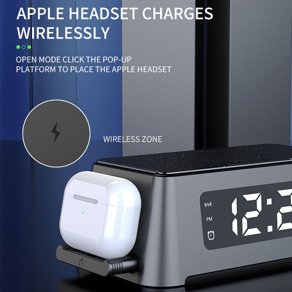 4 in 1 wekker oplaadstation - Laad al uw apparaten tegelijkertijd op - docking station met LED verlichting en digitale klok - QI draadloze oplader voor iPhone, Samsung, Airpods, Galaxy Buds &amp; AppleWatch