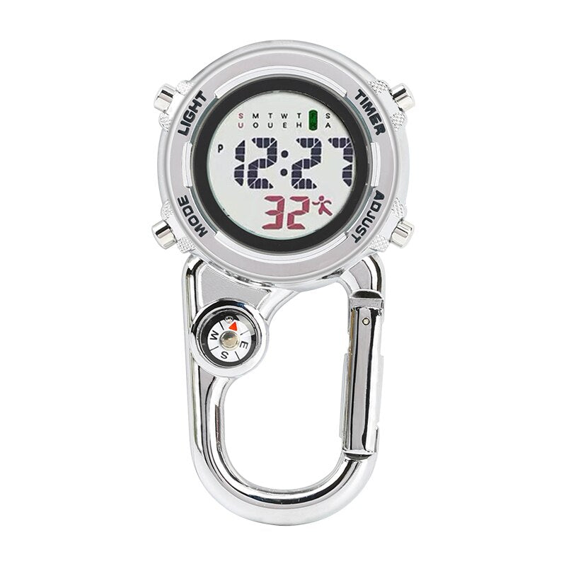 Zakhorloge met karabijnhaak - unisex glow in the dark - handig voor aan uw tas, in de auto, op de camping - met kompas, timer, haak
