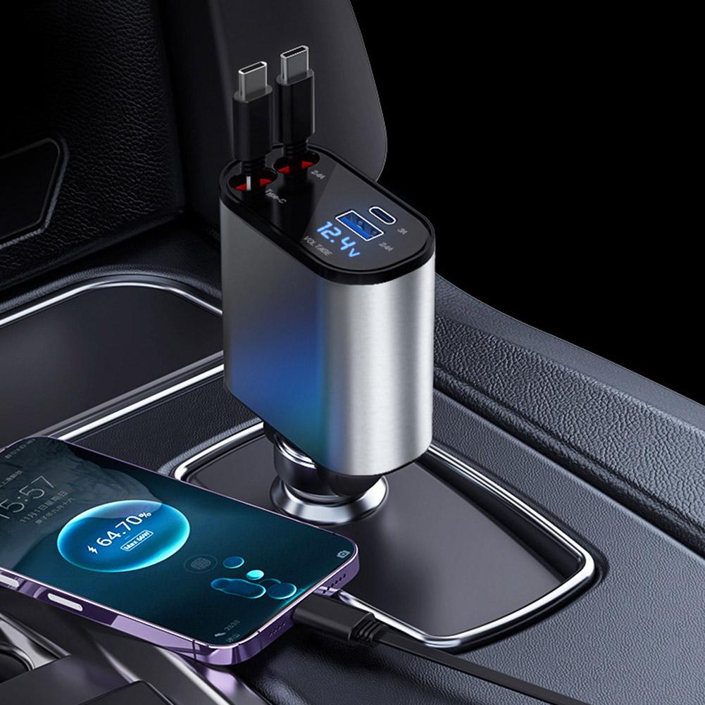 Luxe autolader met 2 intrekbare kabels - weg met die rondslingerende kabels - 2 extra ingangen - eindelijk weer een opgeruimde auto