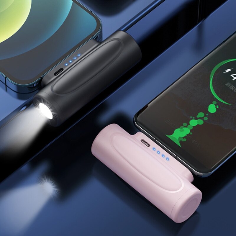 Draadloze mini powerbank met LED lamp - klikt direct handig onder uw telefoon - 5000mAh - Handig en compact, overal uw telefoon opladen - Lightning en USB-C - LED lamp