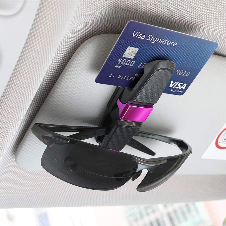 Auto carbon zonnebrilhouder - zonnebril houder met 2 clips - 360 graden draaibaar - brillenhouder voor in de auto - zonnebrilklem - ook geschikt voor visitekaartjes
