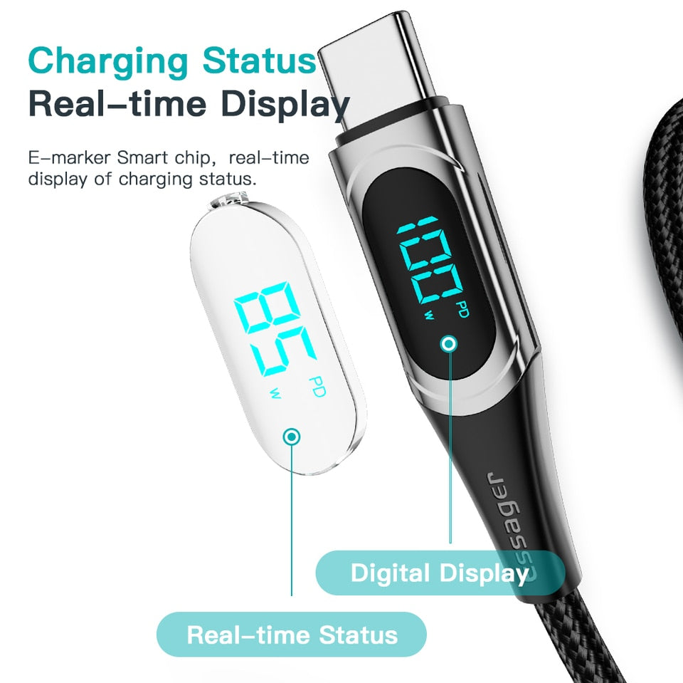 USB-C extra lange snel laad kabel met digitale display - gevlochten kabel - 5A 100W 1M/2M - super compatible - digitale data trend