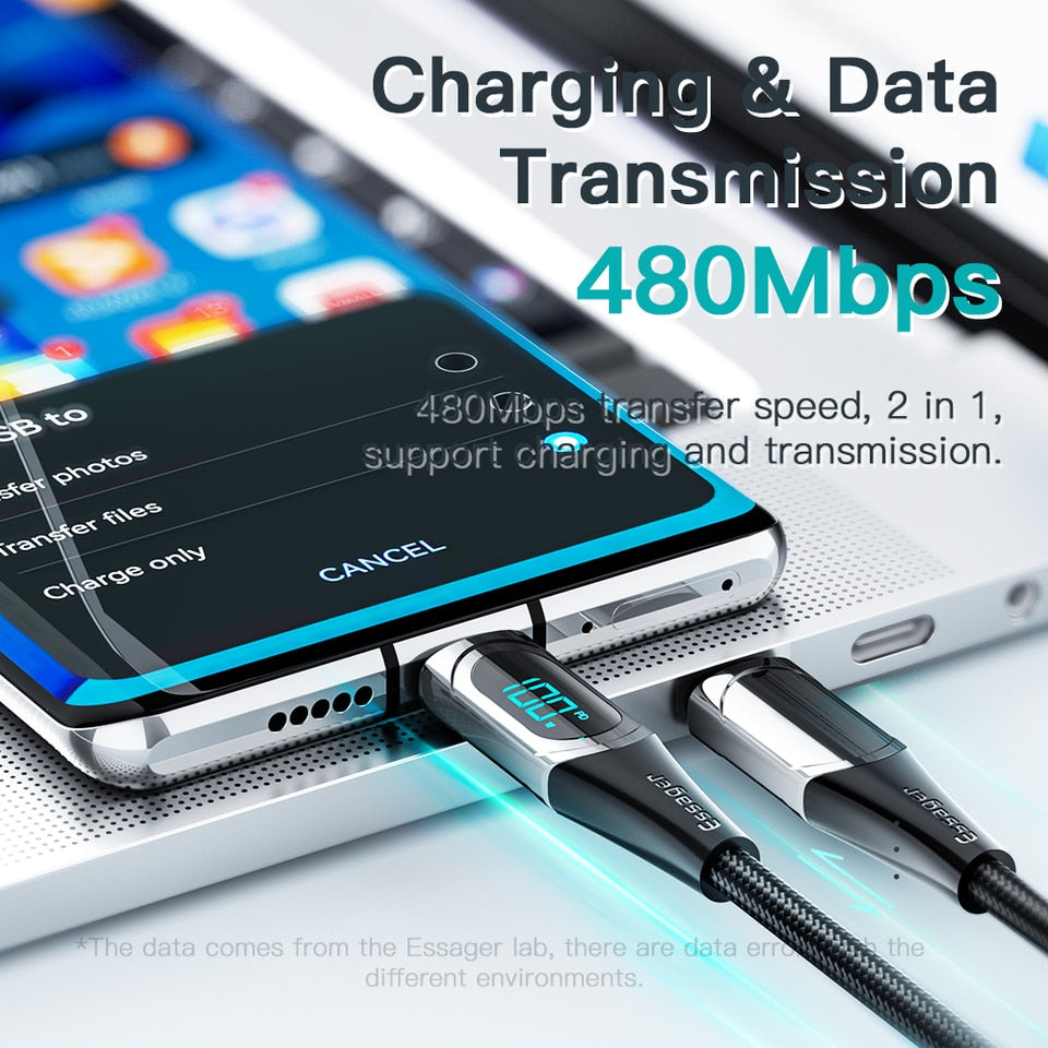 USB-C extra lange snel laad kabel met digitale display - gevlochten kabel - 5A 100W 1M/2M - super compatible - digitale data trend