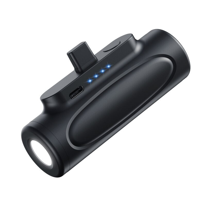 Draadloze mini powerbank met LED lamp - klikt direct handig onder uw telefoon - 5000mAh - Handig en compact, overal uw telefoon opladen - Lightning en USB-C - LED lamp