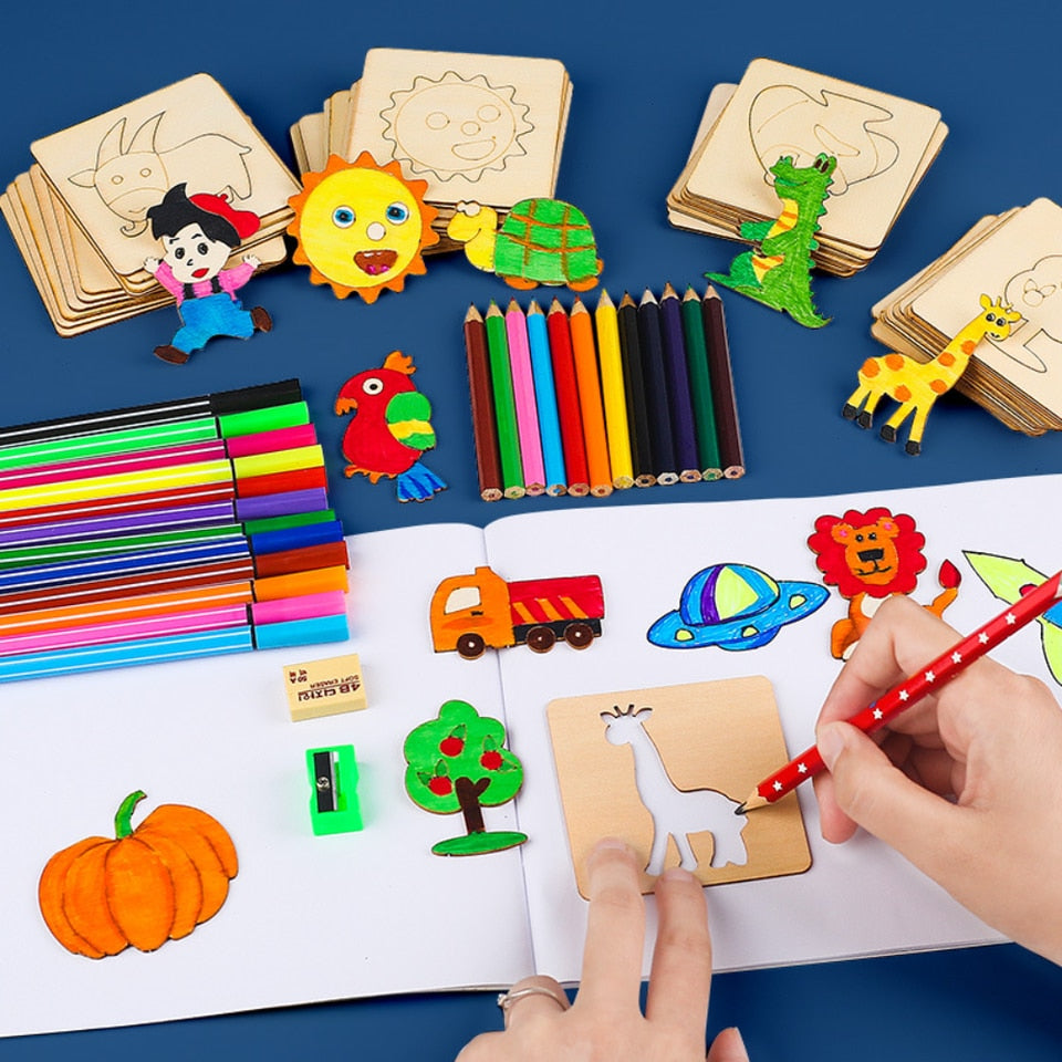 Tekening kinder speelgoed - 20 Stuks houten sjablonen - spelen en leren tegelijkertijd - educatief - stencils - puzzel