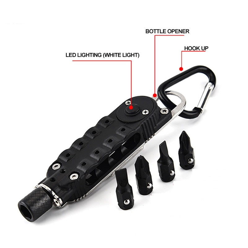 Multi functionele Schroevendraaier - Ingebouwde Ledlamp - Handige flesopener - Verschillende bitjes - Duurzaam en stevig - Handig voor kleine Klusjes, Kamperen, Hiken
