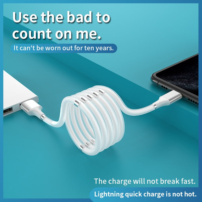 Oplaadkabel USB  - Magnetisch oprolsysteem - nooit meer u kabels in de knoop - fast charge oplaadkabel - snelle data overdracht - USB-C - USB-A - Lightning
