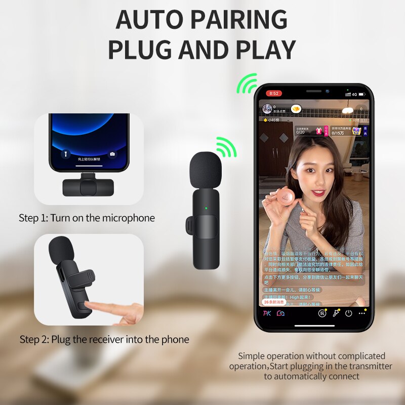 Draadloze microfoon -  iPhone  - Android (usb-C) -  mini microfoon  - Geen APP of Bluetooth nodig - professioneel opnemen - dasspeld microfoon