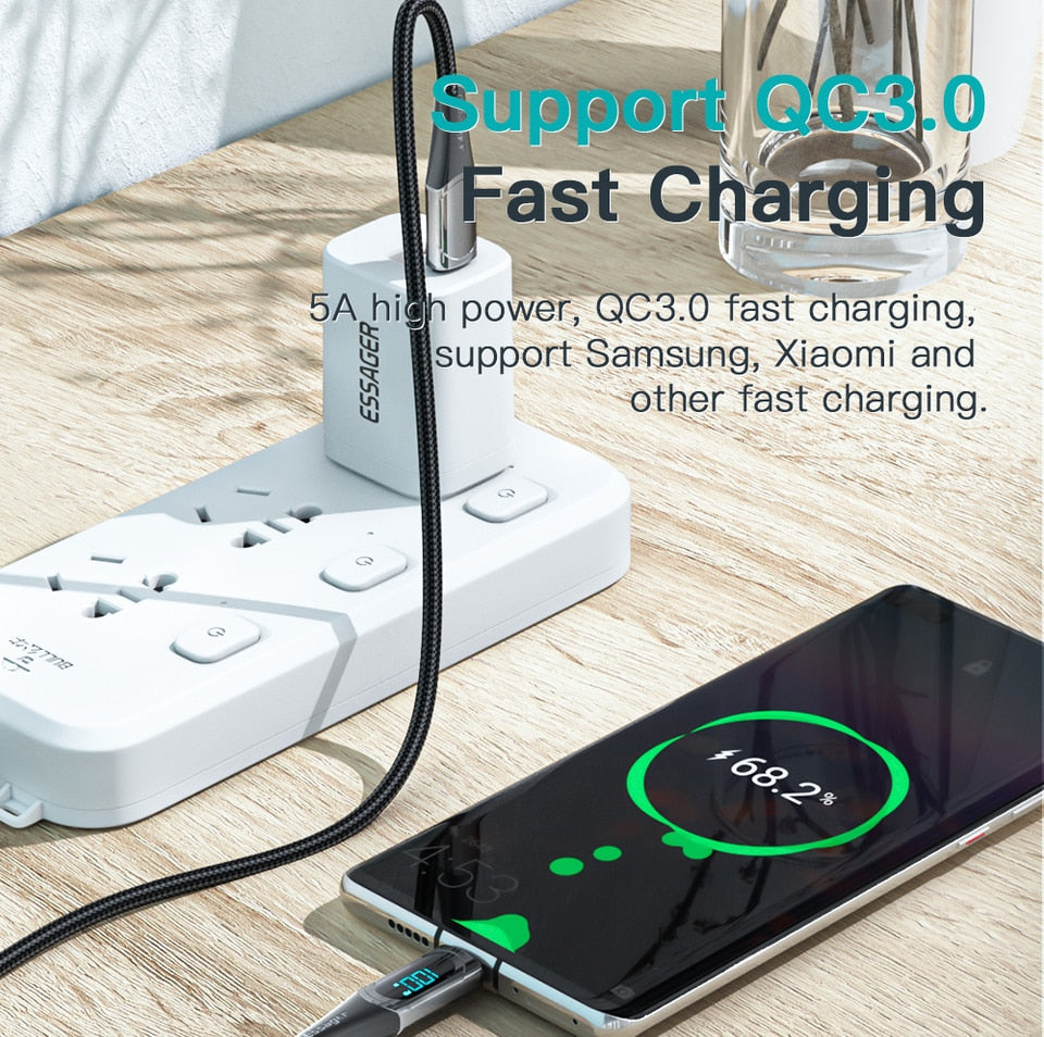 USB-C extra lange snel laad kabel met digitale display - gevlochten kabel - 5A 100W 1M/2M - super compatible - digitale data trend