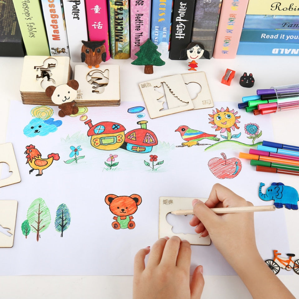 Tekening kinder speelgoed - 20 Stuks houten sjablonen - spelen en leren tegelijkertijd - educatief - stencils - puzzel