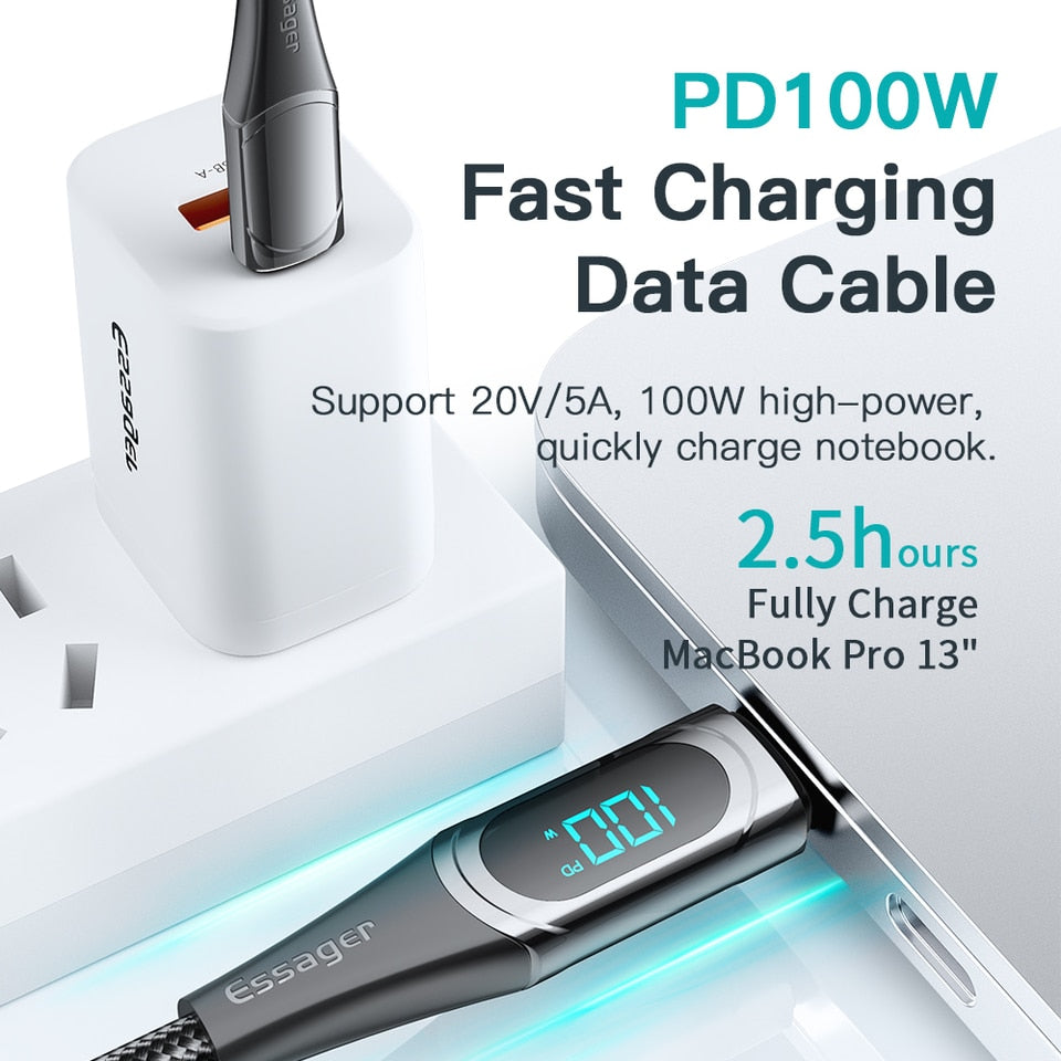 USB-C extra lange snel laad kabel met digitale display - gevlochten kabel - 5A 100W 1M/2M - super compatible - digitale data trend