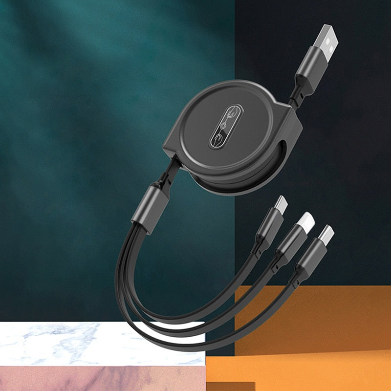 USB 3-in-1 kabel - voor micro USB / USB-C / Lightning - altijd en overal meerdere telefoons opladen - flexibel koord - oprolbaar