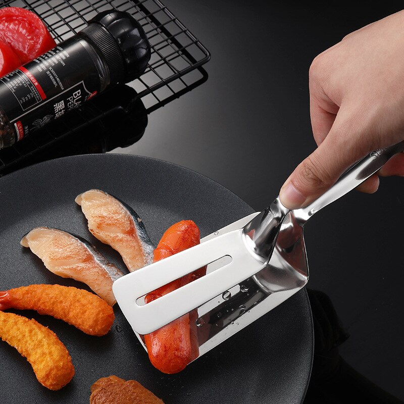 Barbecue Steak Tang - BBQ spatel - kook spatel -  dubbele functie, grijpen en scheppen - nooit meer vlees tussen de kooltjes! -  spatel - RVS - tang - handig voor in de keuken