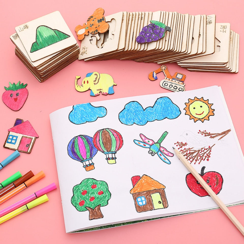 Tekening kinder speelgoed - 20 Stuks houten sjablonen - spelen en leren tegelijkertijd - educatief - stencils - puzzel