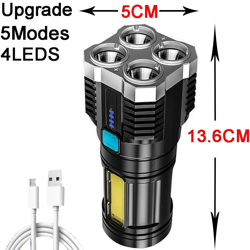 4 LED core zaklamp - zaklamp - LED Oplaadbaar - altijd zicht in het duister - inclusief batterij en USB kabel – waterbestendige zaklantaarn