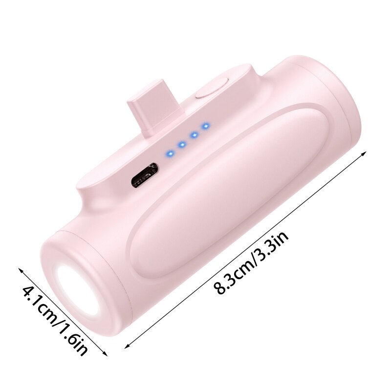 Draadloze mini powerbank met LED lamp - klikt direct handig onder uw telefoon - 5000mAh - Handig en compact, overal uw telefoon opladen - Lightning en USB-C - LED lamp