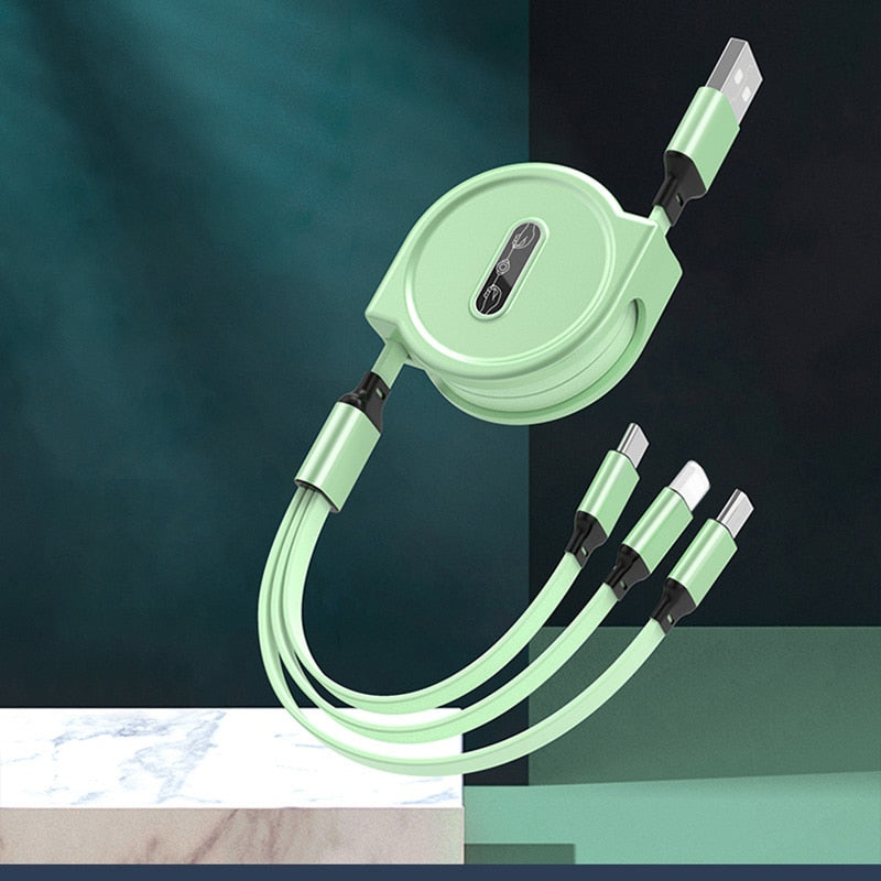 USB 3-in-1 kabel - voor micro USB / USB-C / Lightning - altijd en overal meerdere telefoons opladen - flexibel koord - oprolbaar
