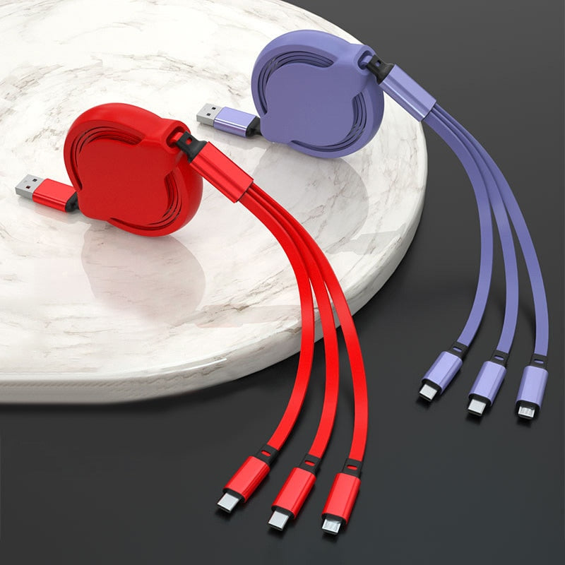 USB 3-in-1 kabel - voor micro USB / USB-C / Lightning - altijd en overal meerdere telefoons opladen - flexibel koord - oprolbaar