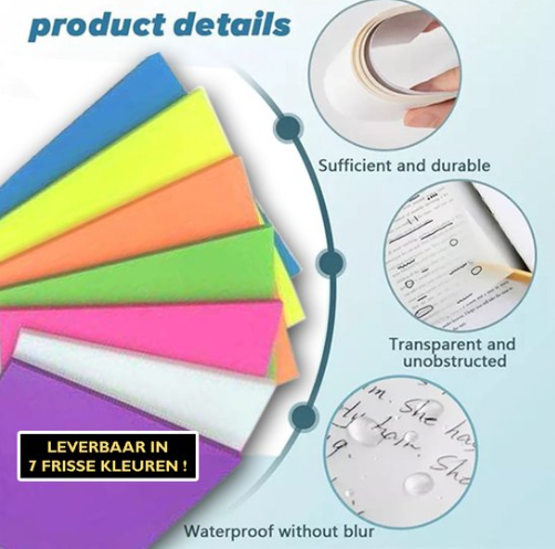 Transparante sticky notes - 6 kleuren - 50 notitie blaadjes - clear notes - zelfklevend - waterbestendig - herbruikbaar