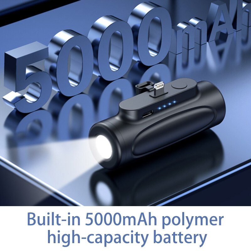 Draadloze mini powerbank met LED lamp - klikt direct handig onder uw telefoon - 5000mAh - Handig en compact, overal uw telefoon opladen - Lightning en USB-C - LED lamp