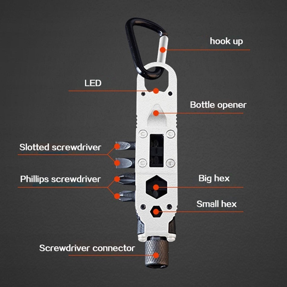 Multi functionele Schroevendraaier - Ingebouwde Ledlamp - Handige flesopener - Verschillende bitjes - Duurzaam en stevig - Handig voor kleine Klusjes, Kamperen, Hiken