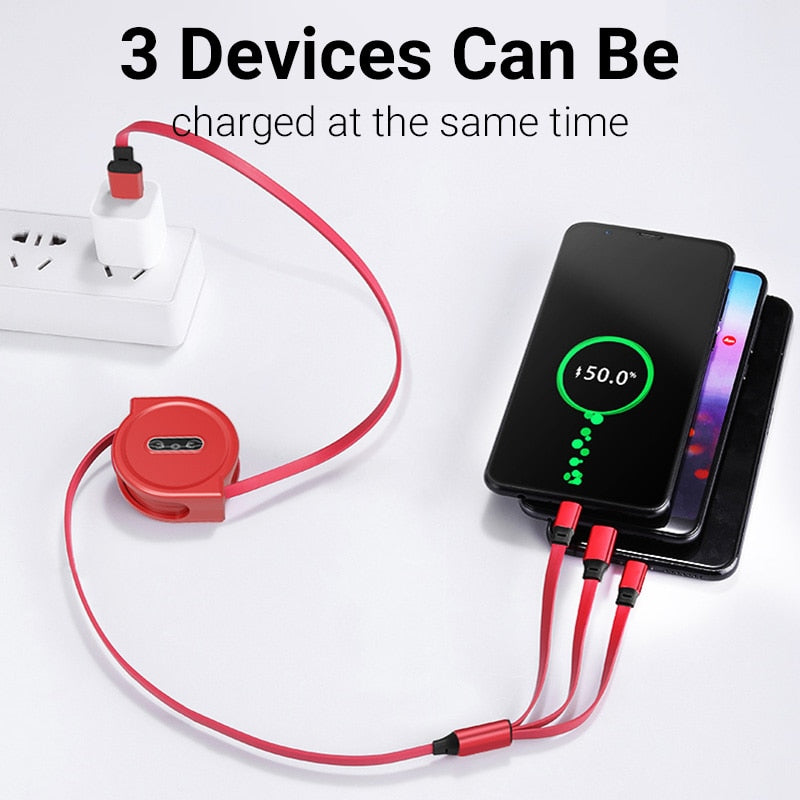 USB 3-in-1 kabel - voor micro USB / USB-C / Lightning - altijd en overal meerdere telefoons opladen - flexibel koord - oprolbaar
