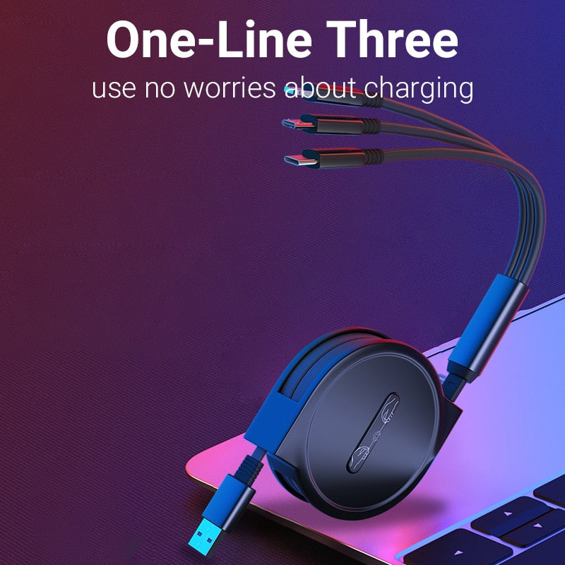 USB 3-in-1 kabel - voor micro USB / USB-C / Lightning - altijd en overal meerdere telefoons opladen - flexibel koord - oprolbaar