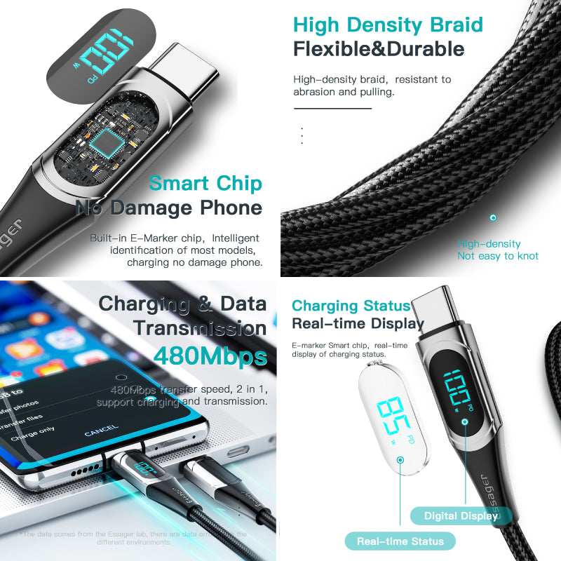 USB-C extra lange snel laad kabel met digitale display - gevlochten kabel - 5A 100W 1M/2M - super compatible - digitale data trend