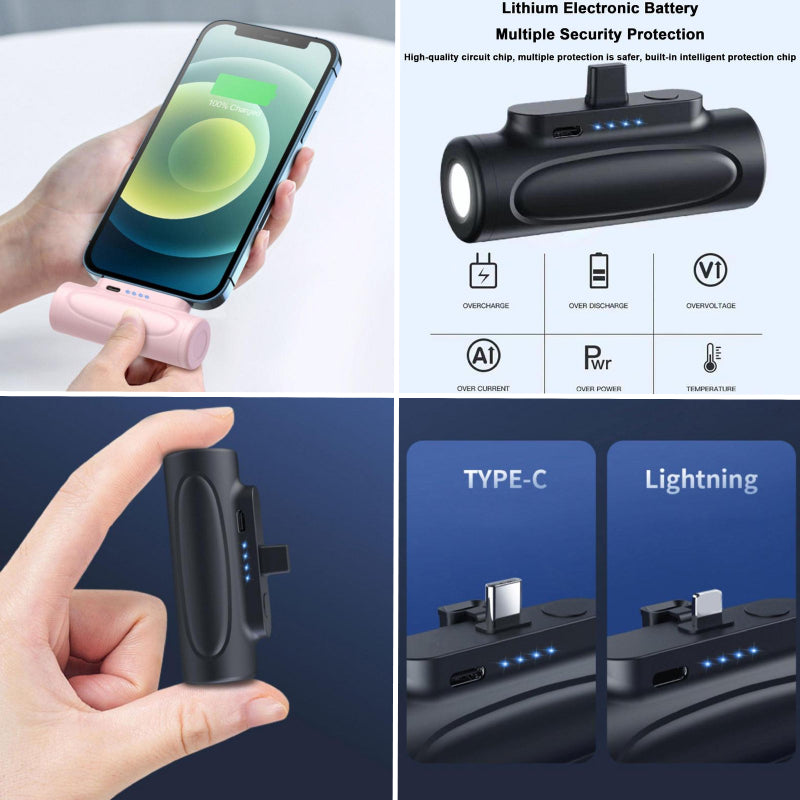 Draadloze mini powerbank met LED lamp - klikt direct handig onder uw telefoon - 5000mAh - Handig en compact, overal uw telefoon opladen - Lightning en USB-C - LED lamp