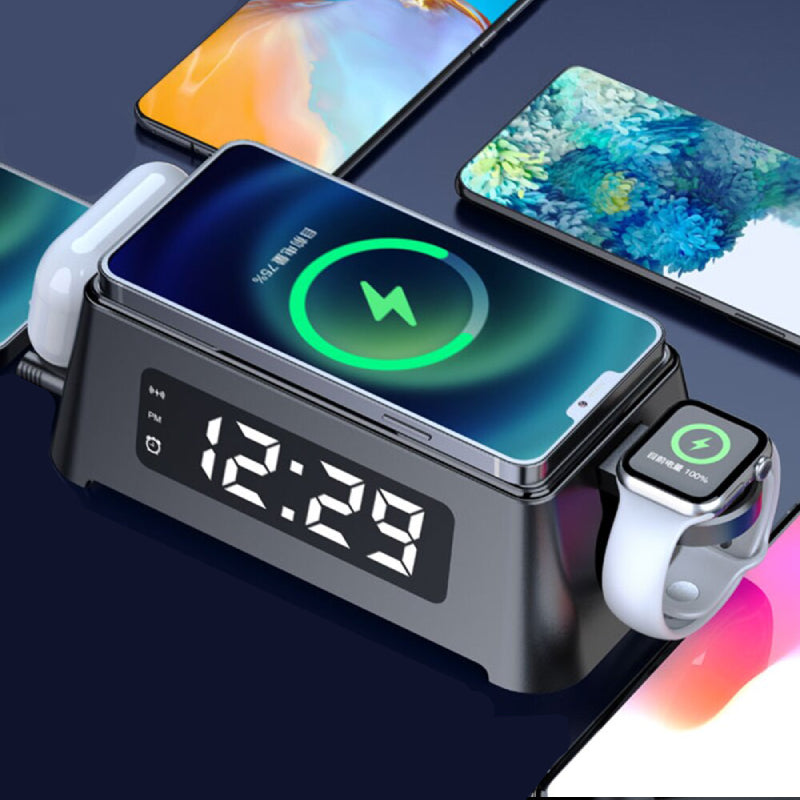 4 in 1 wekker oplaadstation - Laad al uw apparaten tegelijkertijd op - docking station met LED verlichting en digitale klok - QI draadloze oplader voor iPhone, Samsung, Airpods, Galaxy Buds &amp; AppleWatch