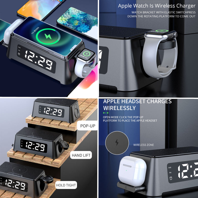 4 in 1 wekker oplaadstation - Laad al uw apparaten tegelijkertijd op - docking station met LED verlichting en digitale klok - QI draadloze oplader voor iPhone, Samsung, Airpods, Galaxy Buds &amp; AppleWatch