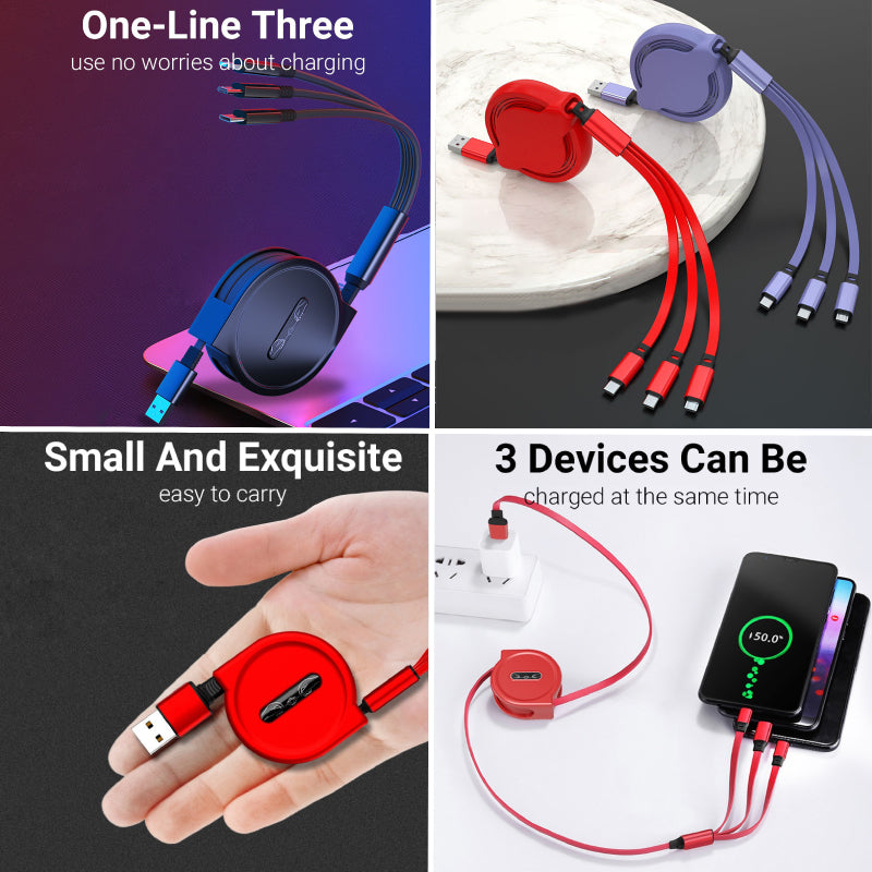 USB 3-in-1 kabel - voor micro USB / USB-C / Lightning - altijd en overal meerdere telefoons opladen - flexibel koord - oprolbaar