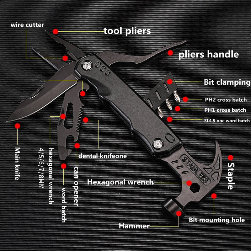 17-in-1 Multitool Hamer - draagetui - 3-delige bitset - gereedschap - survival - outdoor - camping - in de kofferbak - perfect cadeau voor mannen