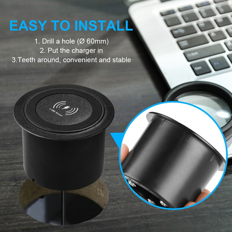 Inbouw magnetische oplader met USB poorten - Valt prachtig weg in uw bureau - 2 USB poorten - QI snellader - 18w