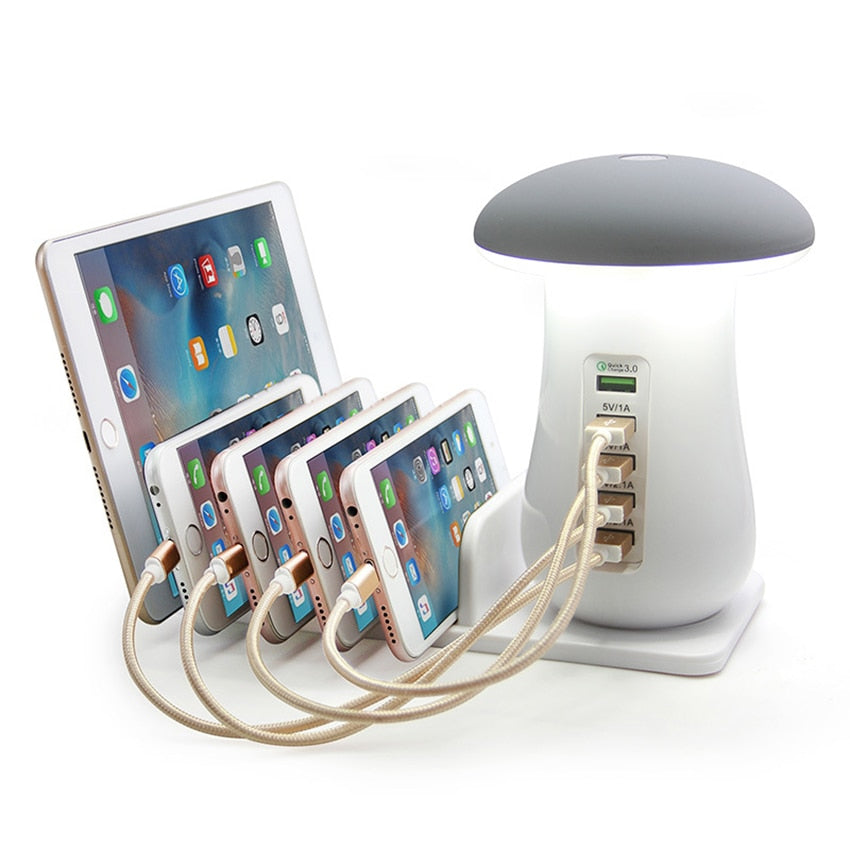 5 Poorts Snel laad Dock met Led Lamp -  Usb - LED leeslampje - Zuinige Led met veel snel laad poorten -  bureaulamp - nachtlamp - USB poort