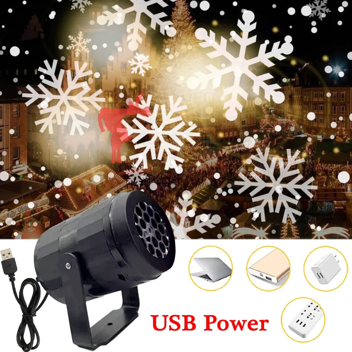 Sneeuwvlok projector - maak van uw huis/muur/deur een sneeuw-avond dmv usb