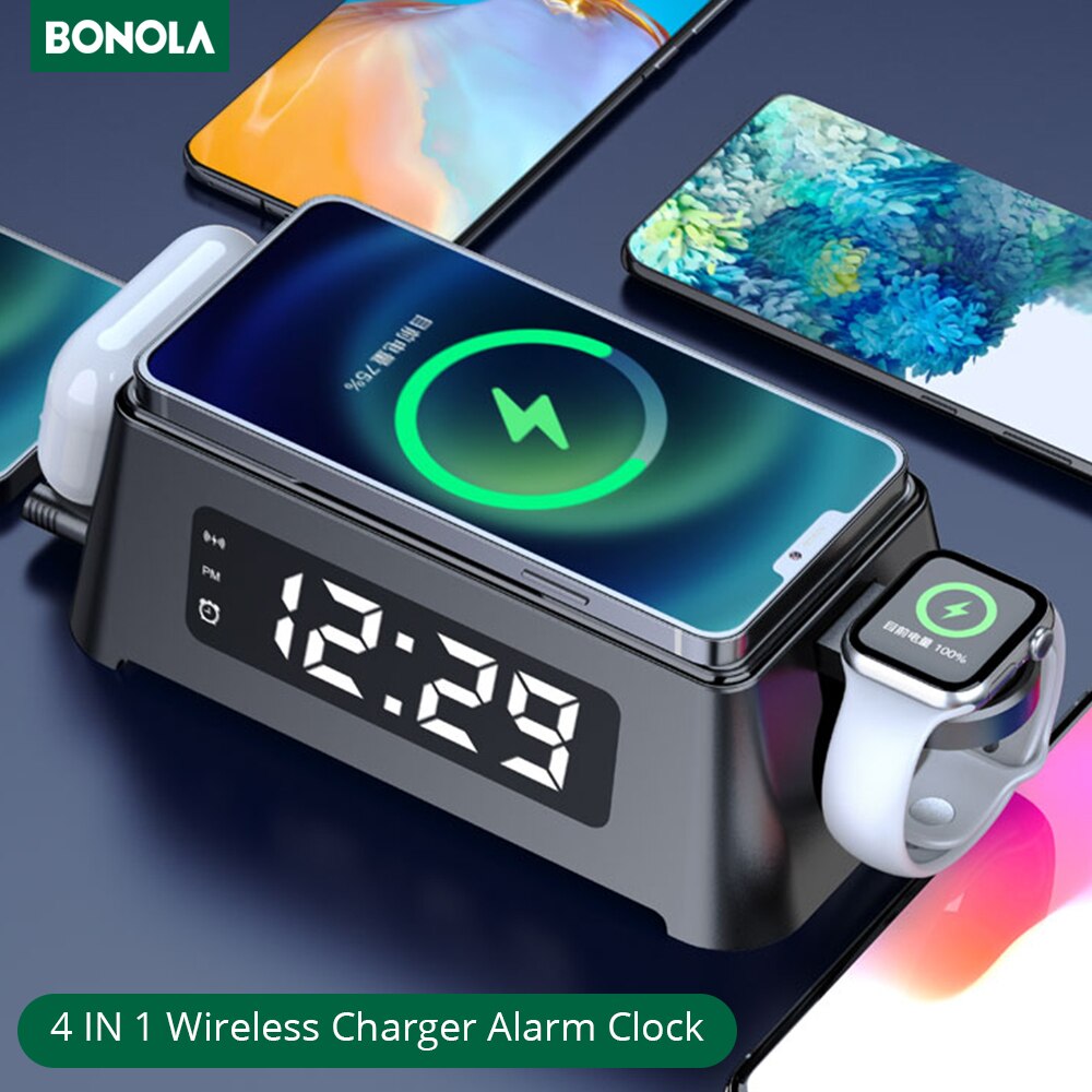 4 in 1 wekker oplaadstation - Laad al uw apparaten tegelijkertijd op - docking station met LED verlichting en digitale klok - QI draadloze oplader voor iPhone, Samsung, Airpods, Galaxy Buds &amp; AppleWatch